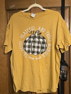 Women's Mustard Short Sleeve Tee with Buffalo Check Pumpkin Graphic